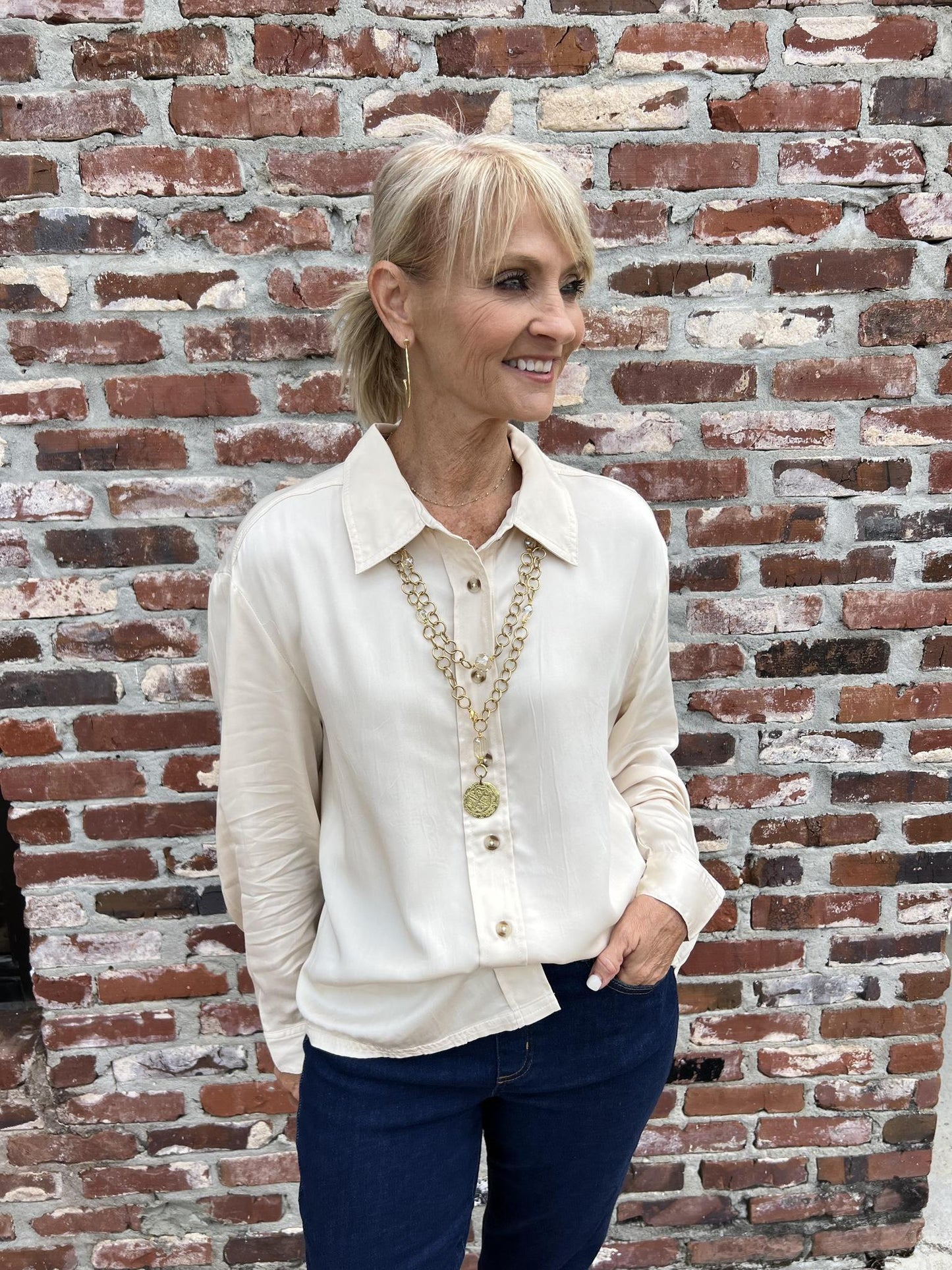 L/s Button Front Blouse- Moon Stone