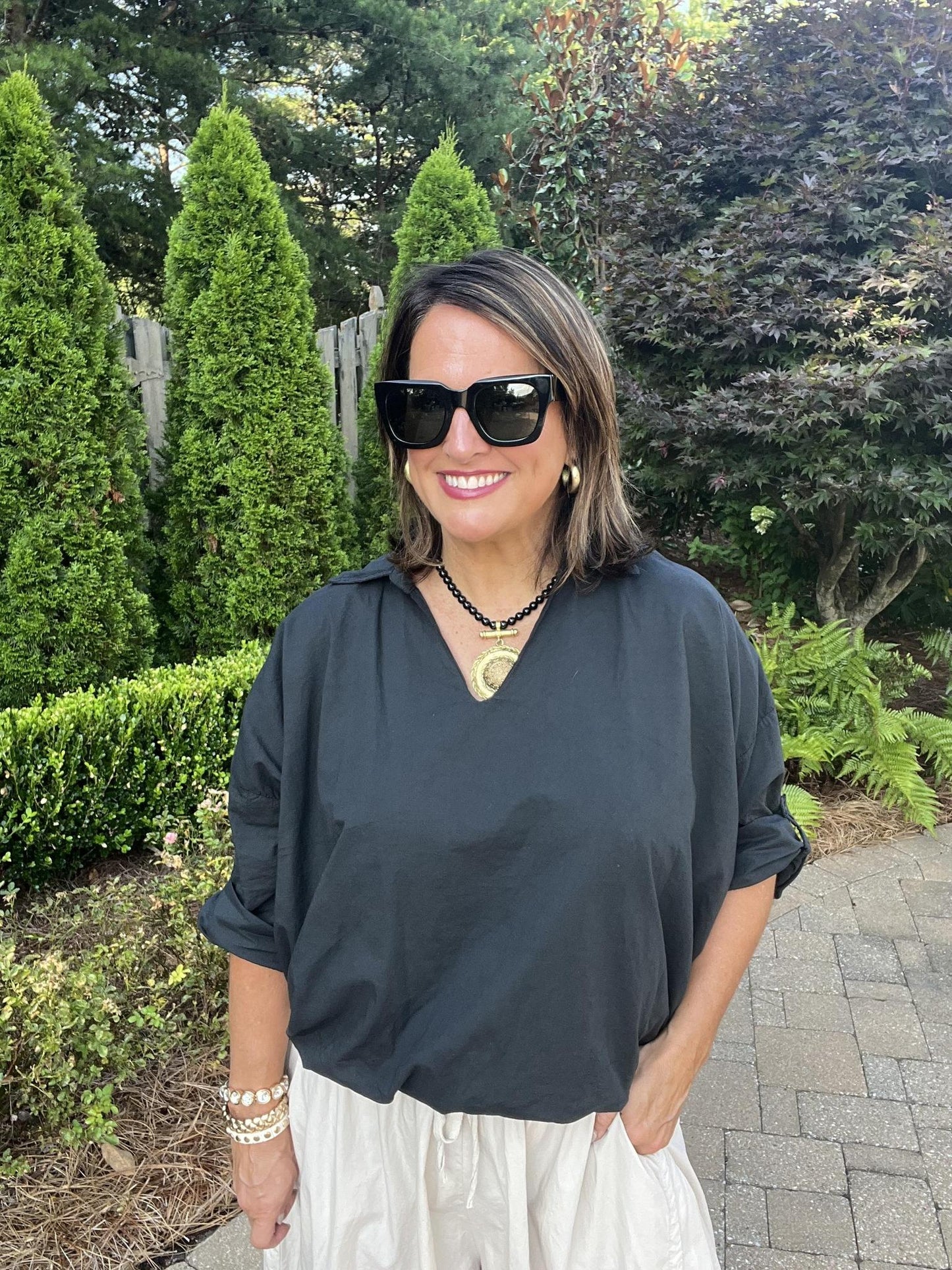 One Size Collar Bubble Top-Black
