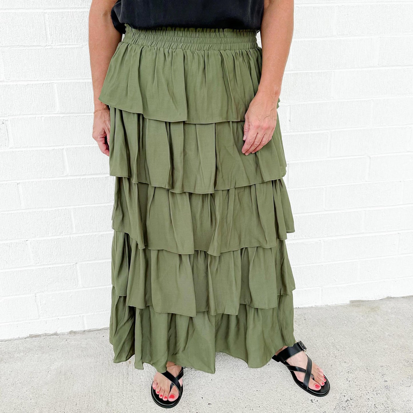 Olive Ruffle Tiered Midi Skirt