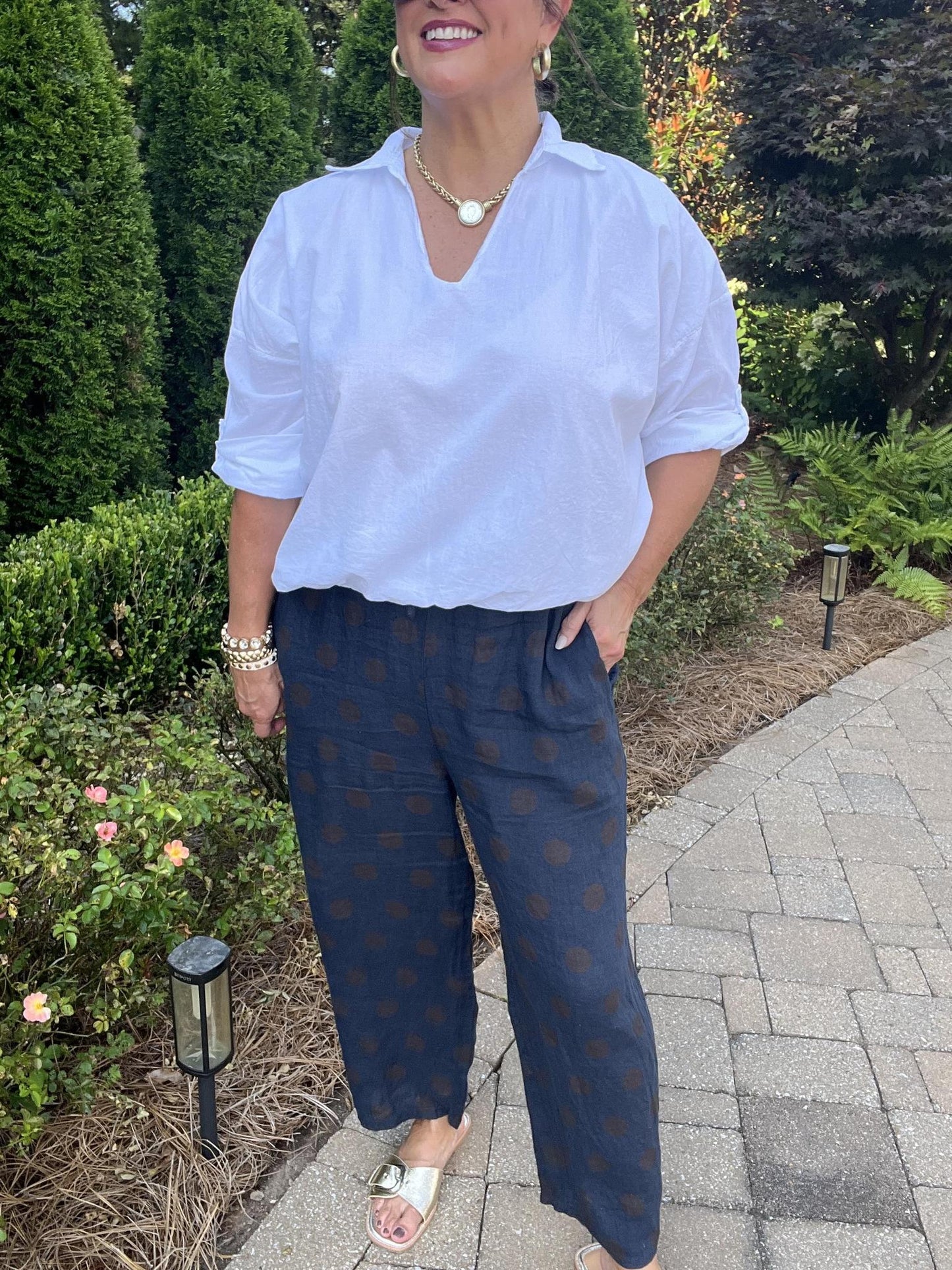 One Size Polka Dot Linen Pants-Blue