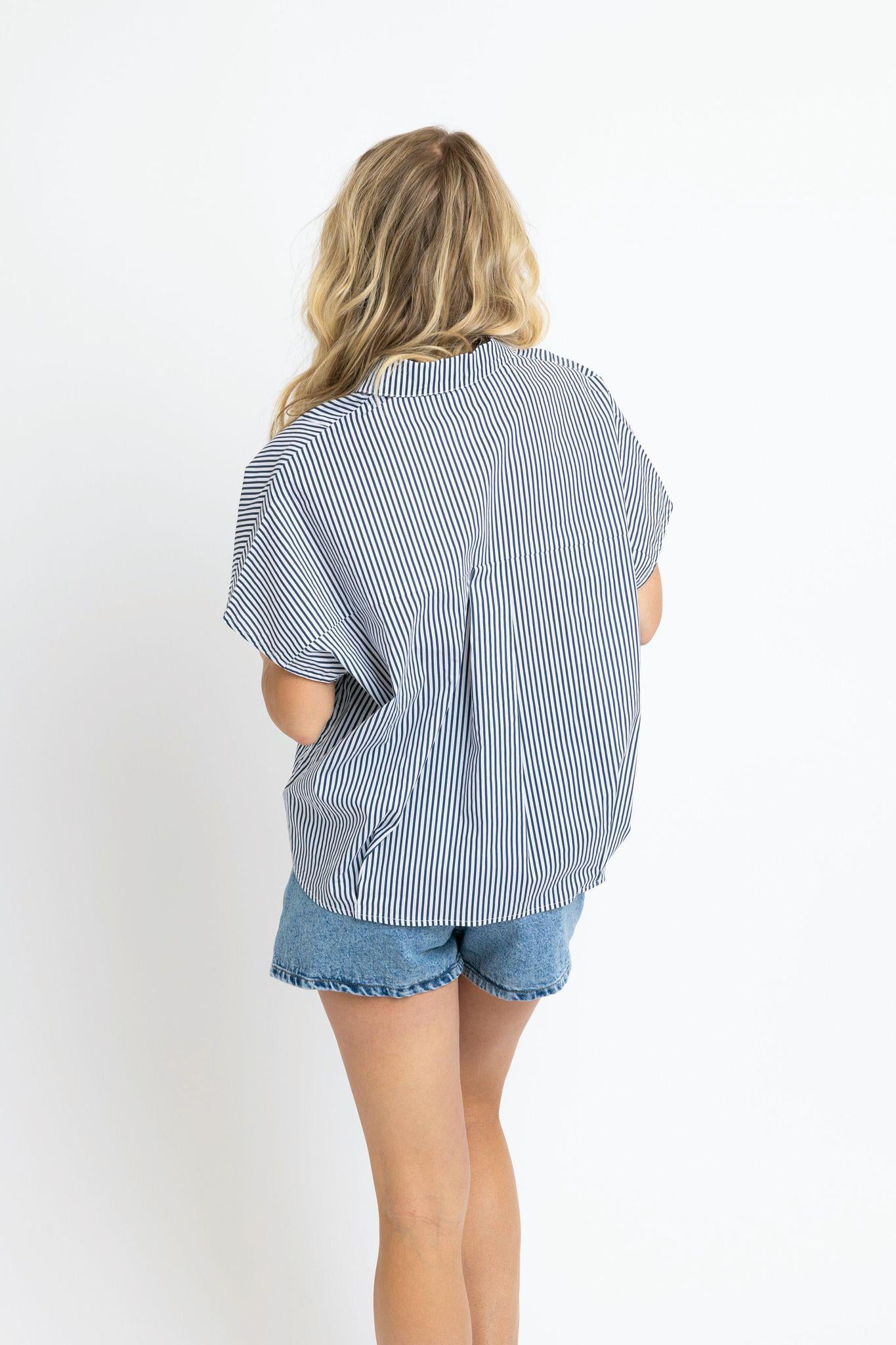 Karlie Stripe Collar Top-Blue