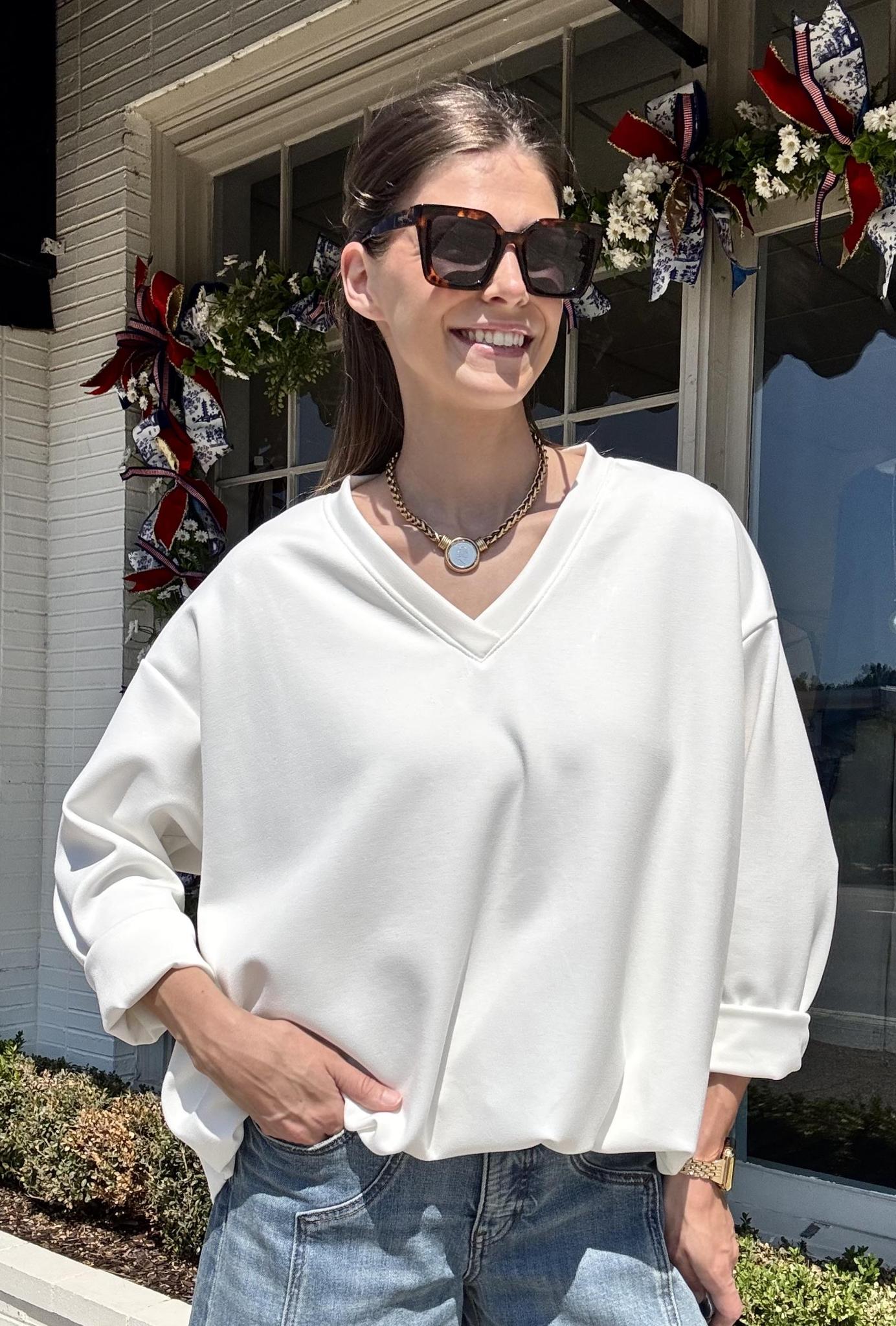 V-Neck Bubble Sweatshirt-White