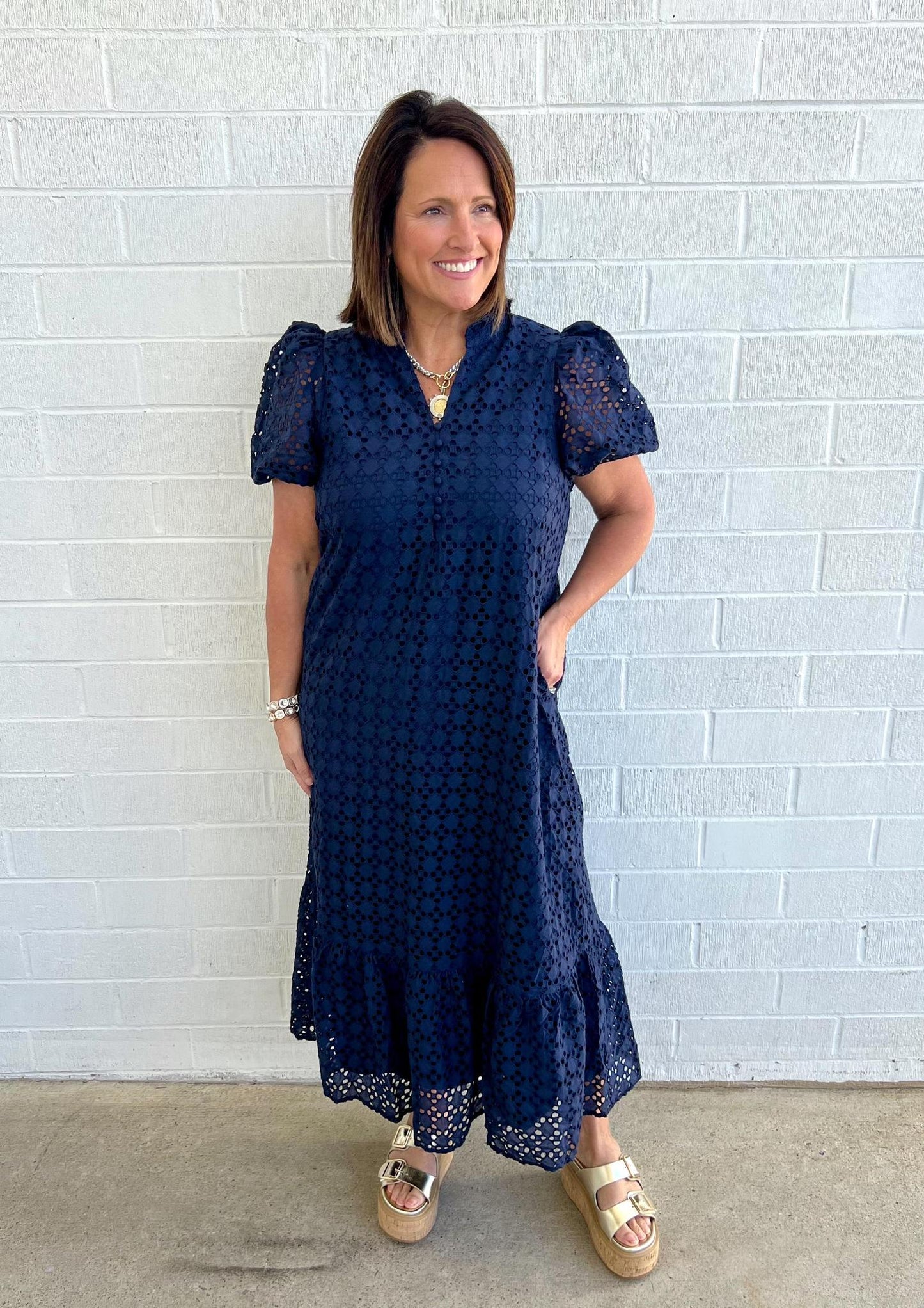 Navy Eyelet Maxi Dress
