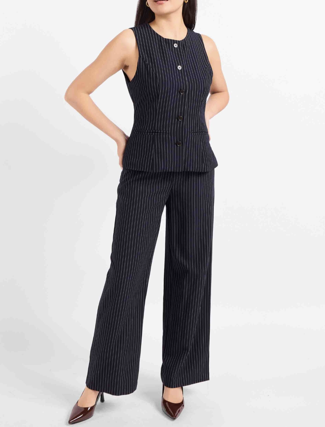 Navy Pinstripe Pull On Pant