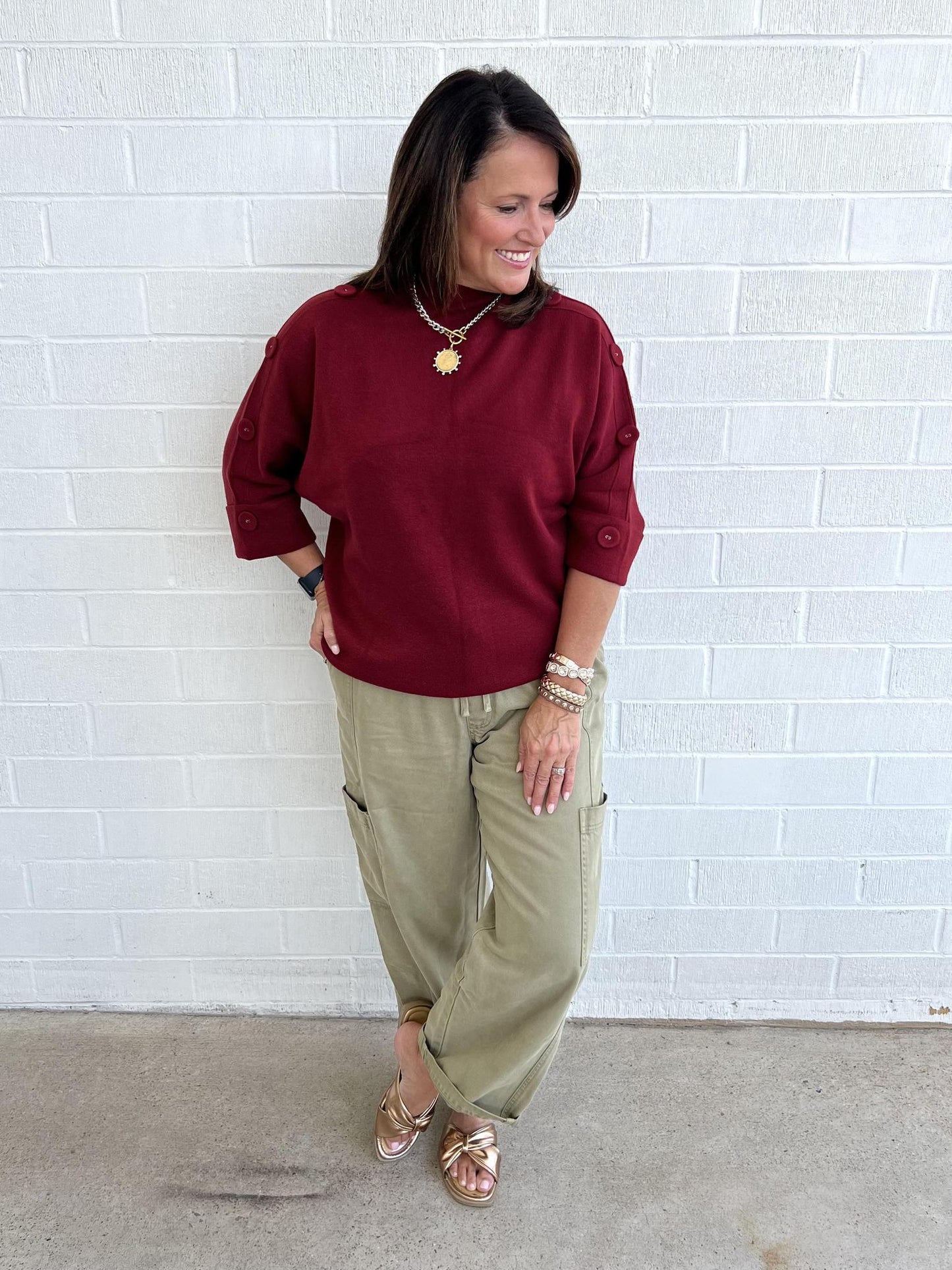 Button Sweater Top-Redwood