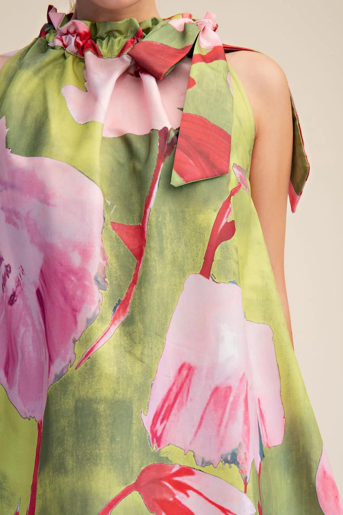 Ruffle Neck Floral Mini Dress