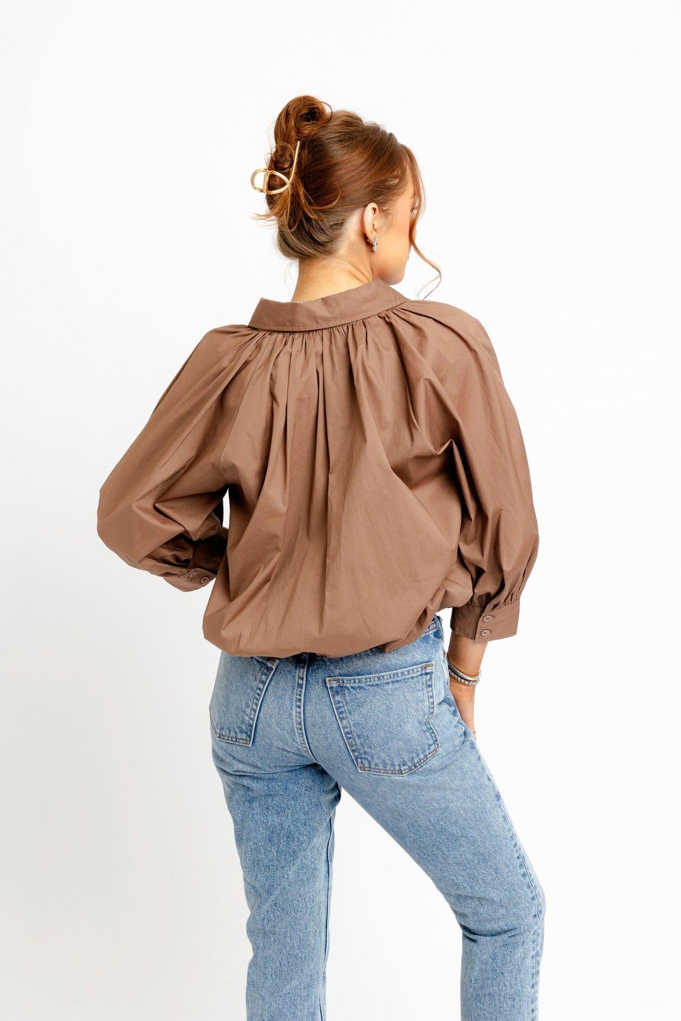 Collar Bubble Top-Brown