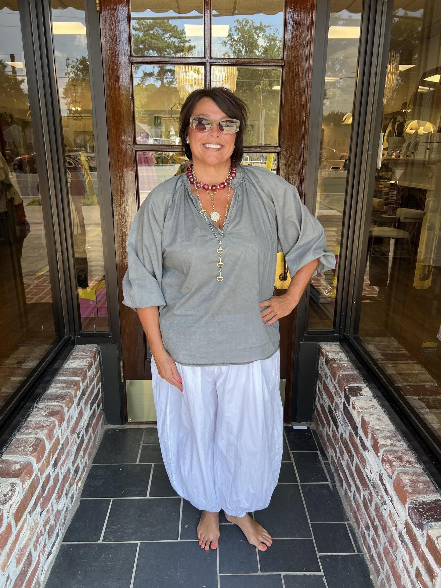 One Size V-Neck Relaxed Blouse- Charcoal
