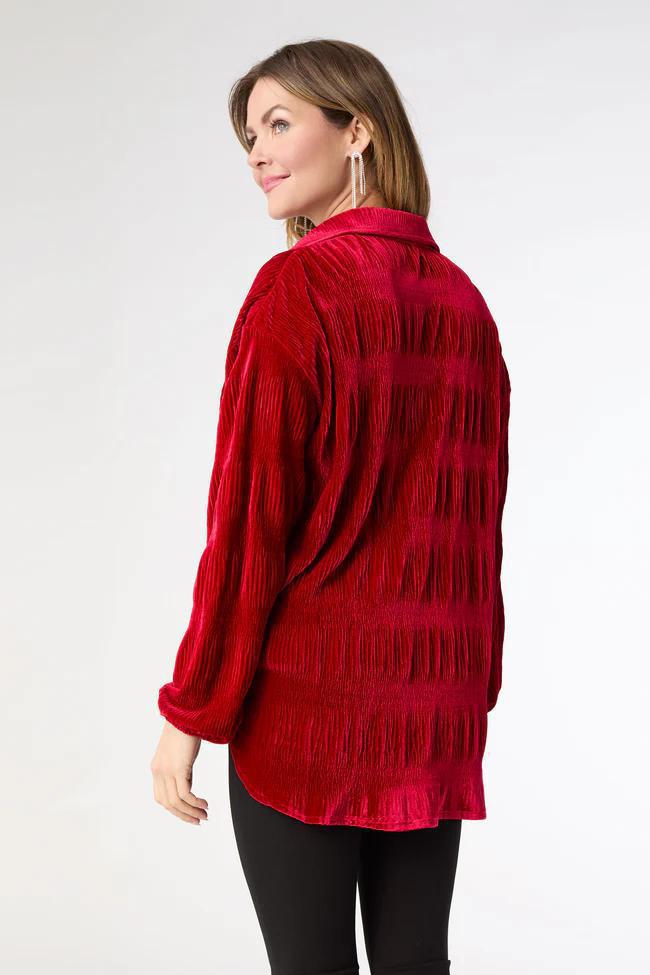 Pleated Velour Top- Red