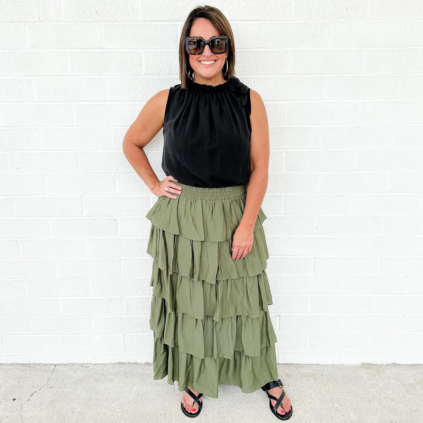 Olive Ruffle Tiered Midi Skirt