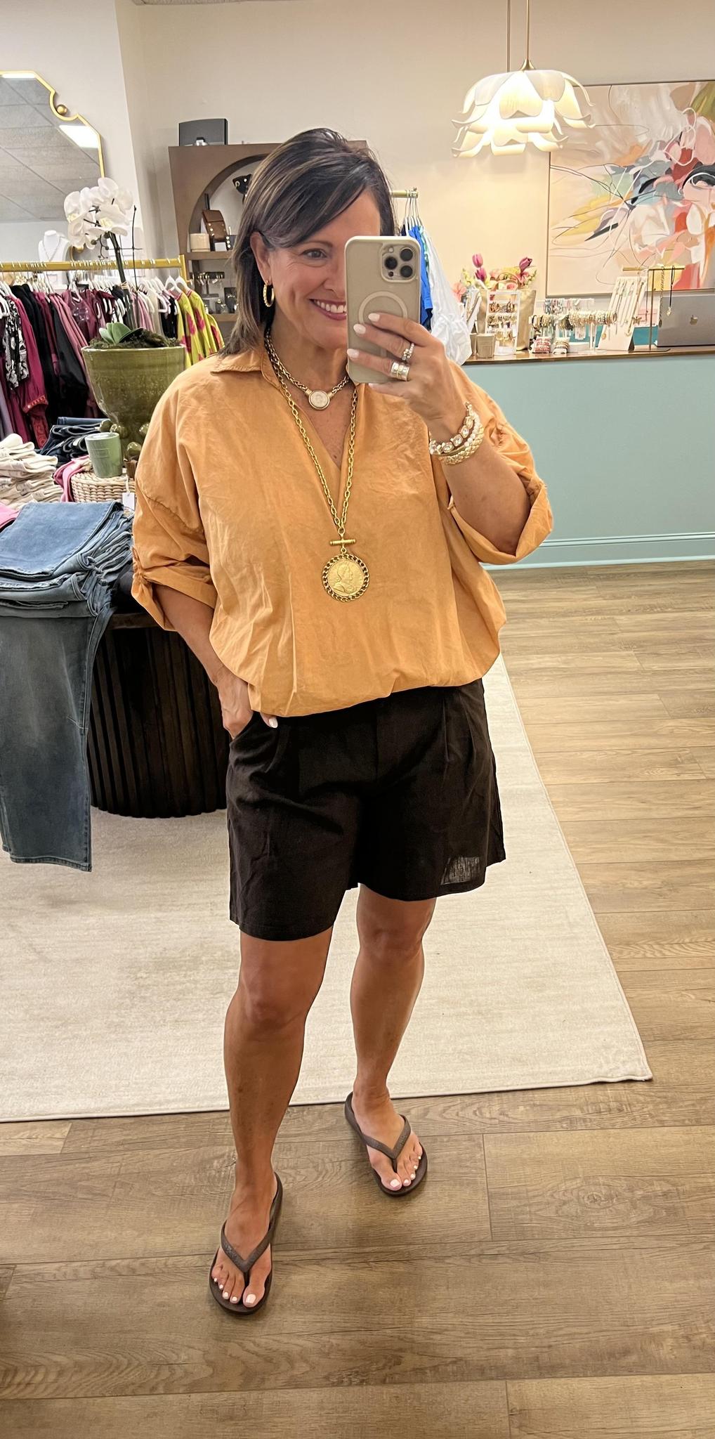 One Size Linen Shorts-Brown