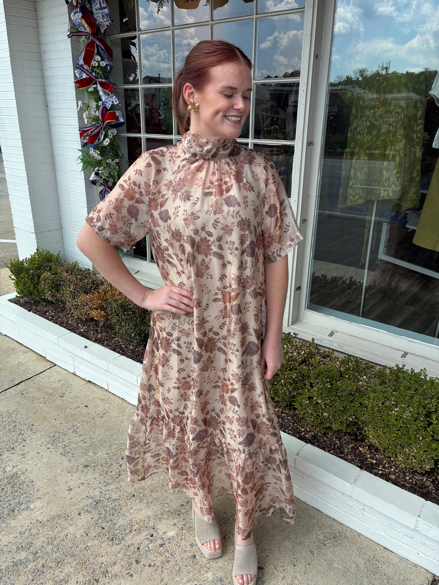 Floral Overlay Midi Dress- Taupe