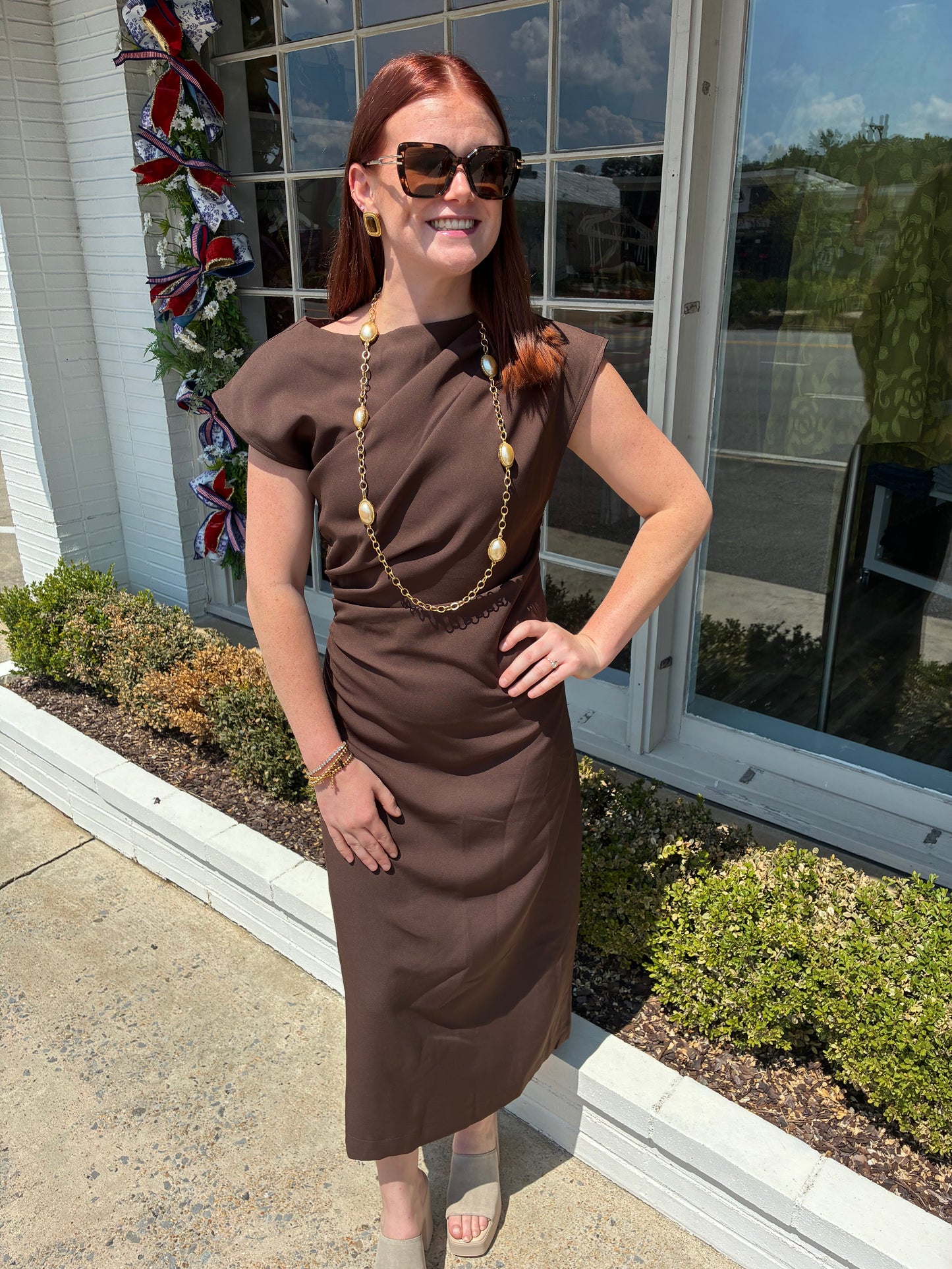 Asymmetric Midi Dress- Brown