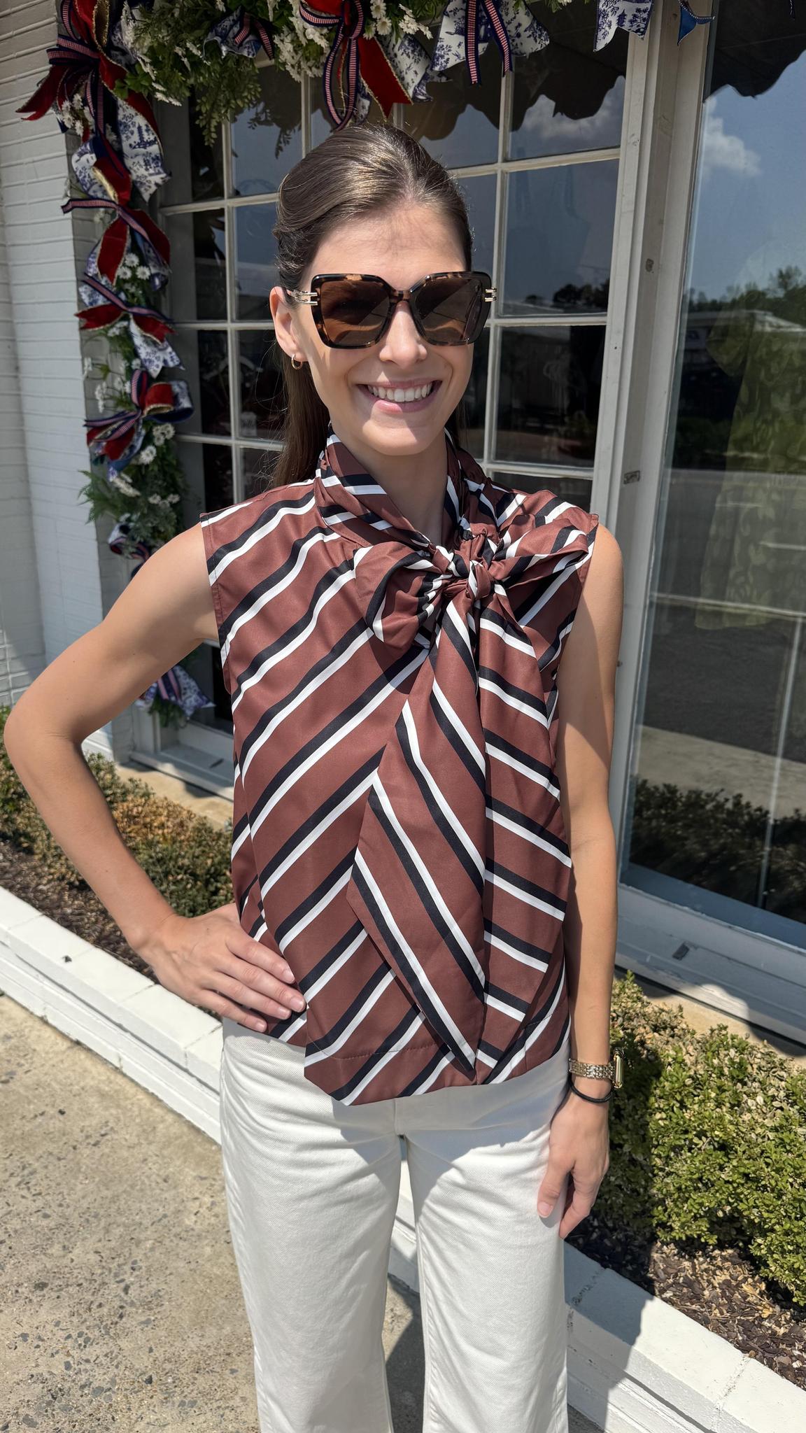 Stripe Bow Top-Brown