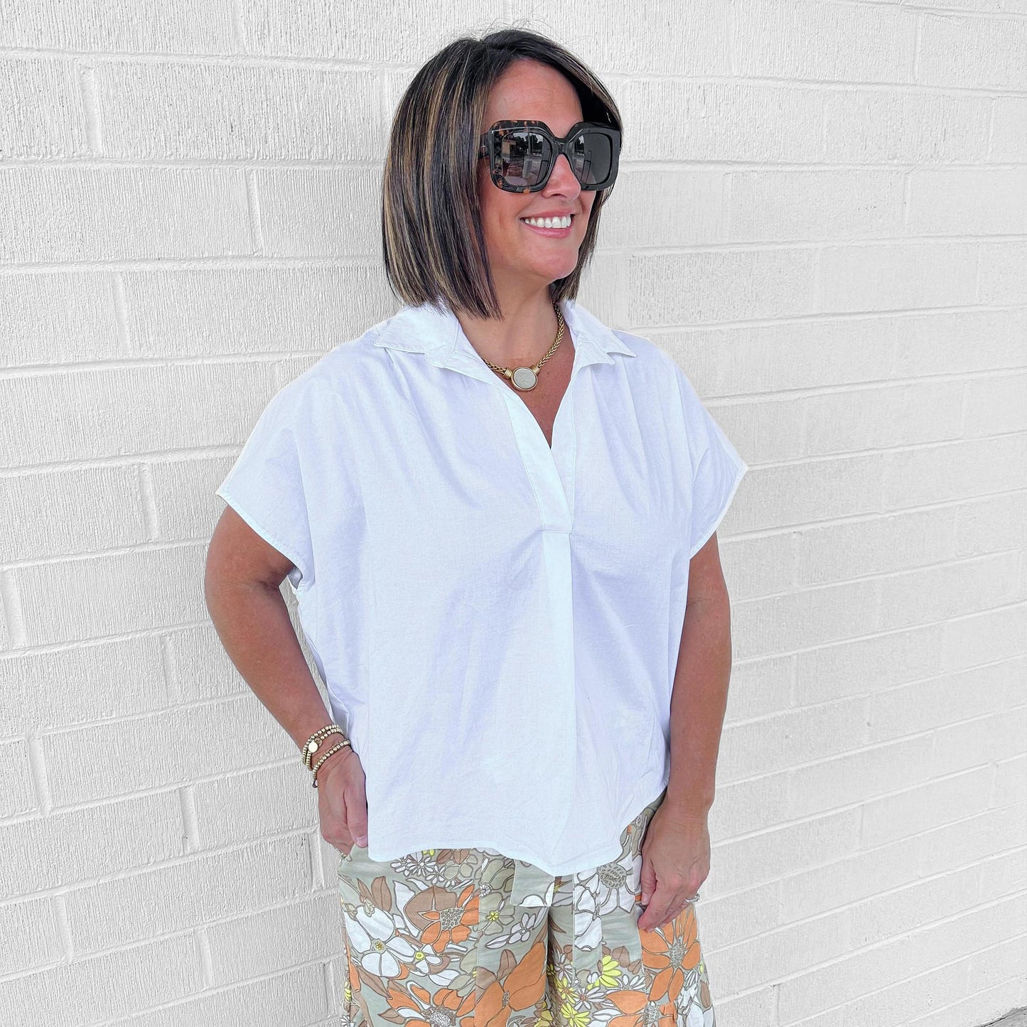 Poplin Collar V-Neck Top