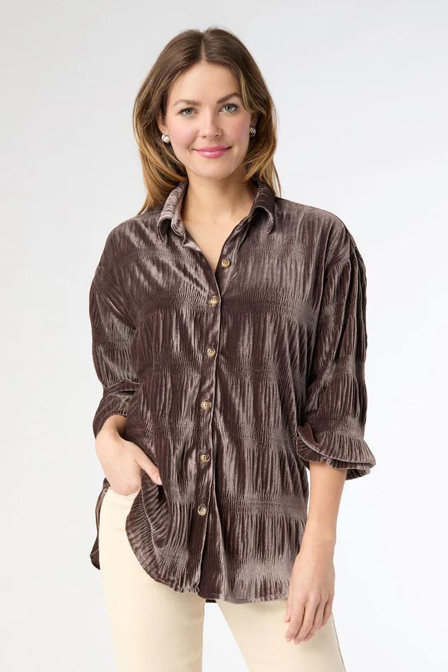 Pleated Velour Top- Brown