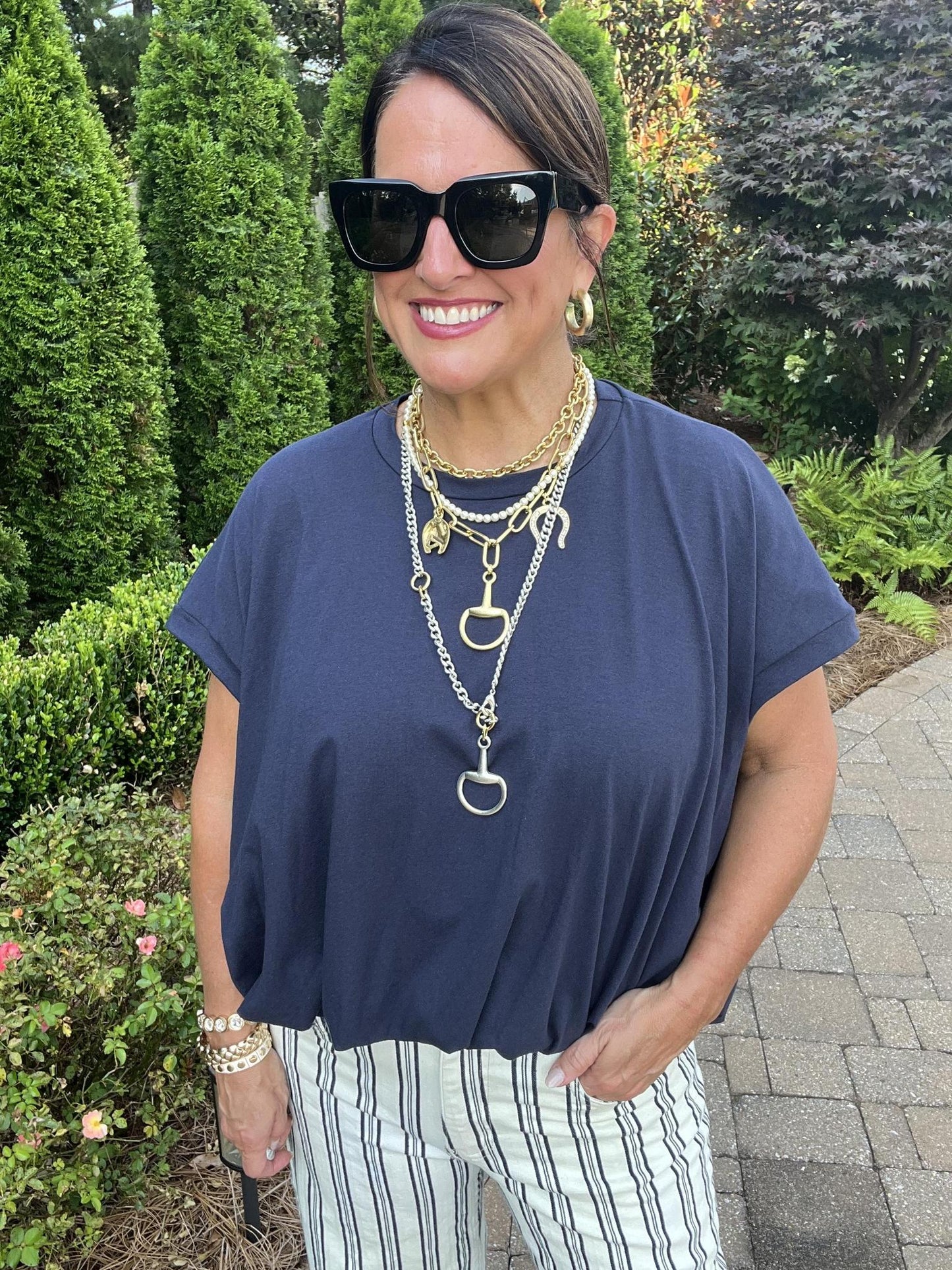 One Size Knit Bubble Top-Navy