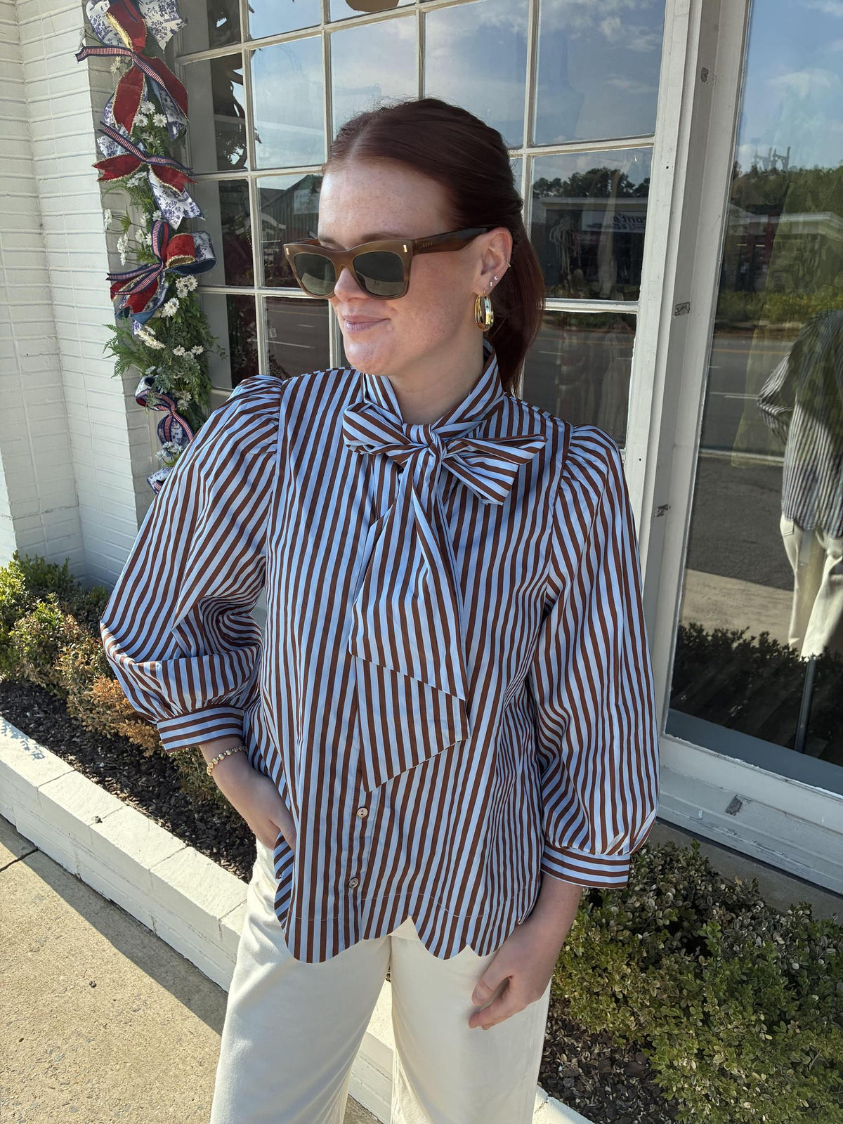 Tie Neck Scallop Top- Blue