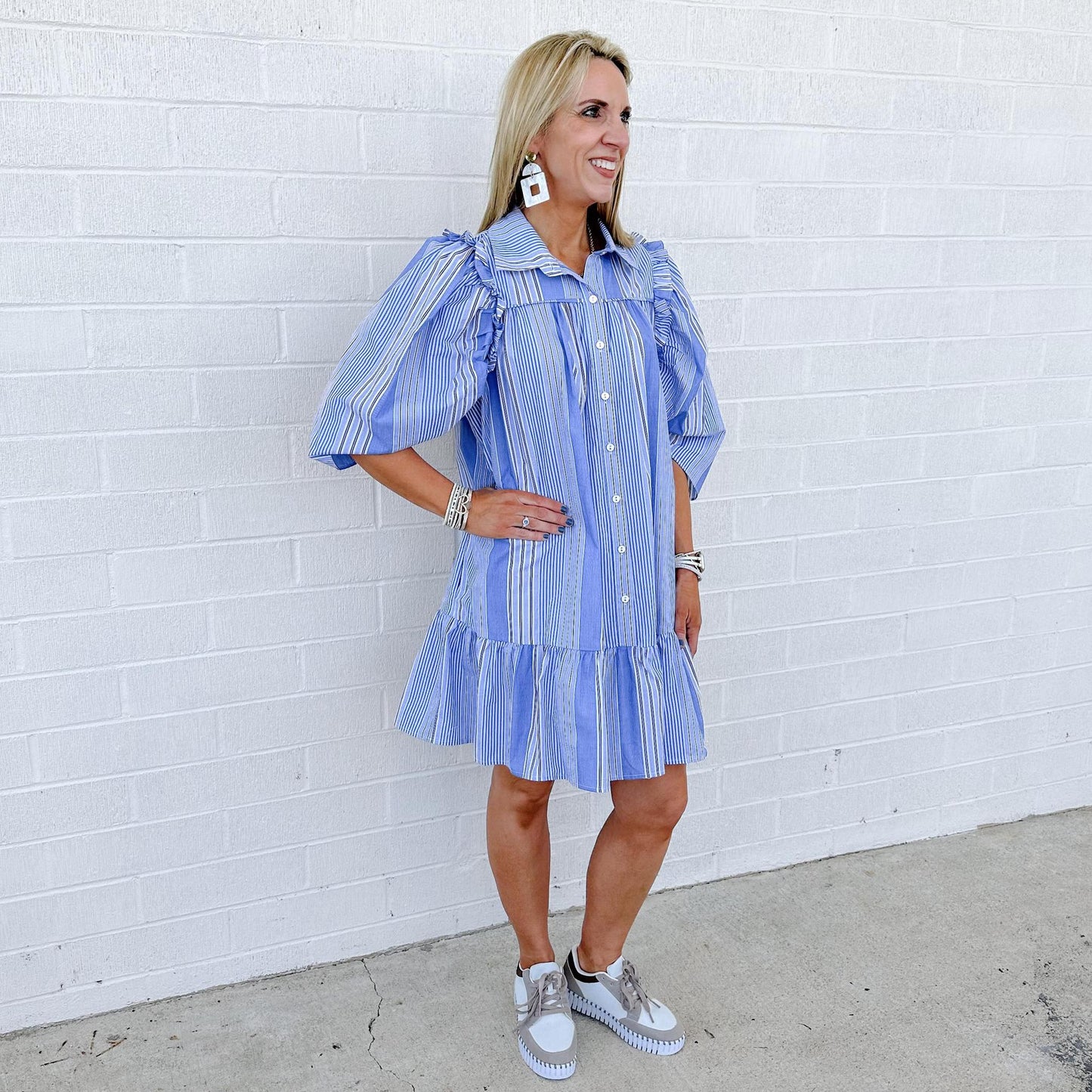Fall Stripe Ruffle Sleeve Dress