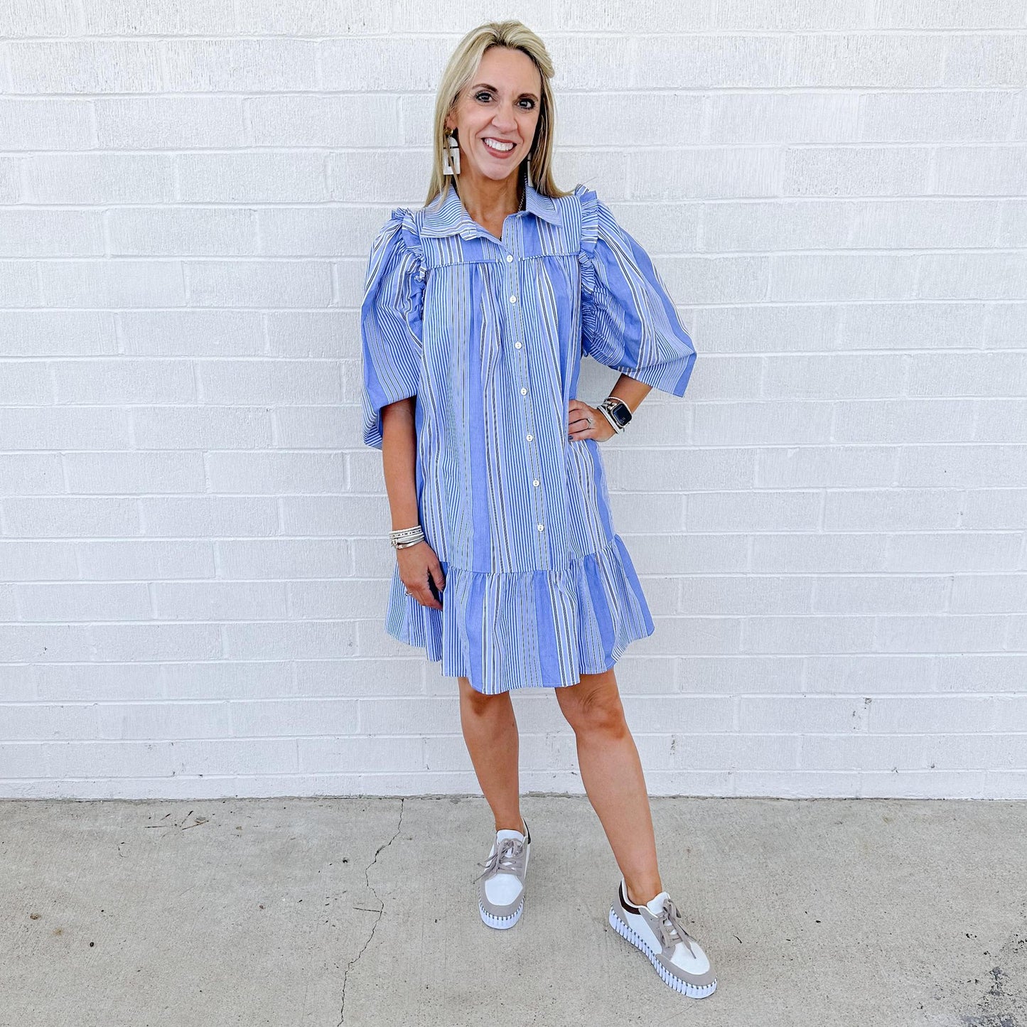 Fall Stripe Ruffle Sleeve Dress
