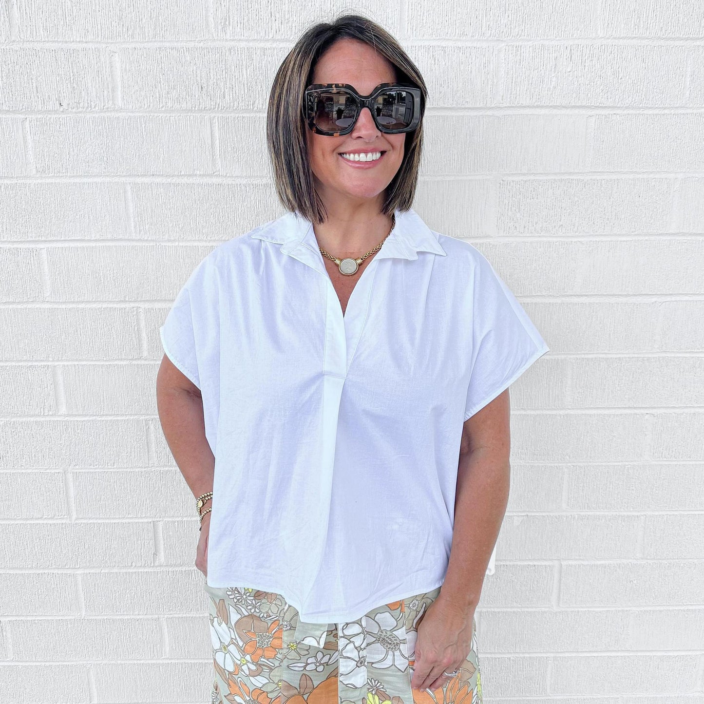 Poplin Collar V-Neck Top