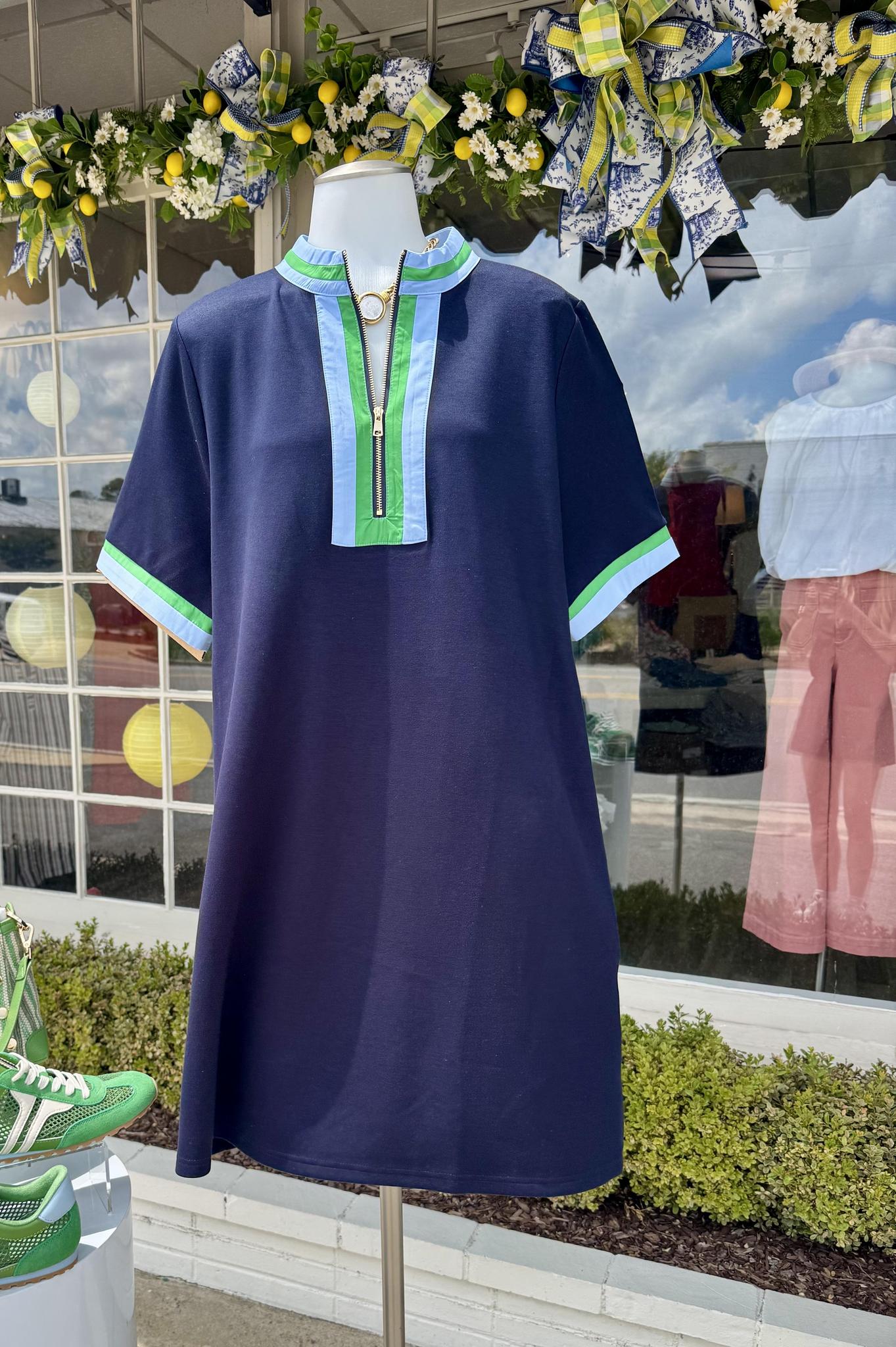 Half Zip Trim Dress- Blue