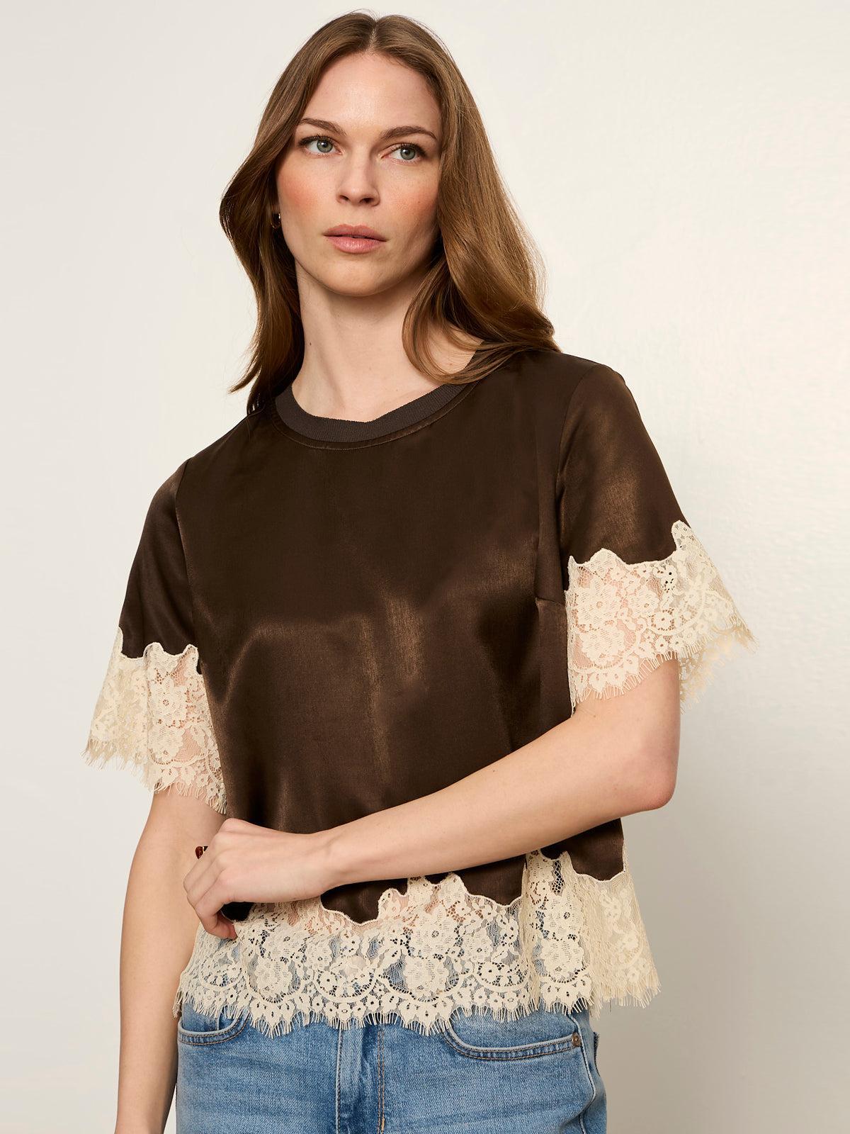 One of a Kind Satin Lace Top-Espresso