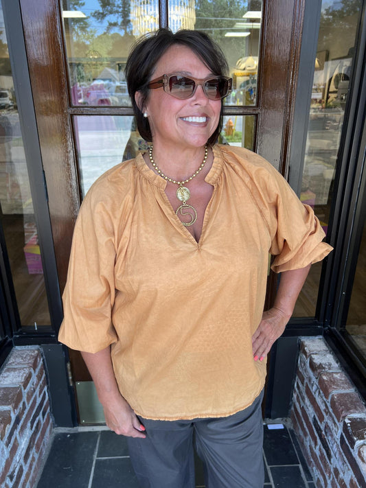 One Size V-Neck Relaxed Blouse- Rust