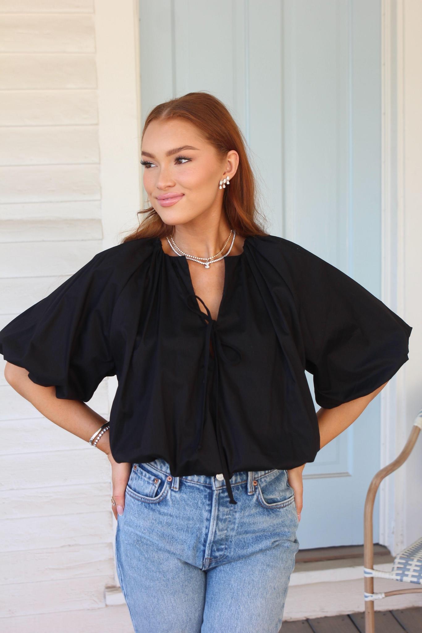 Poplin Bubble Tie Top- Black