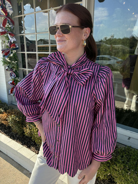 Tie Neck Scallop Top- Pink