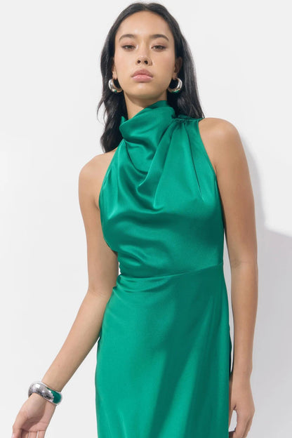 Satin Midi Dress- Emerald