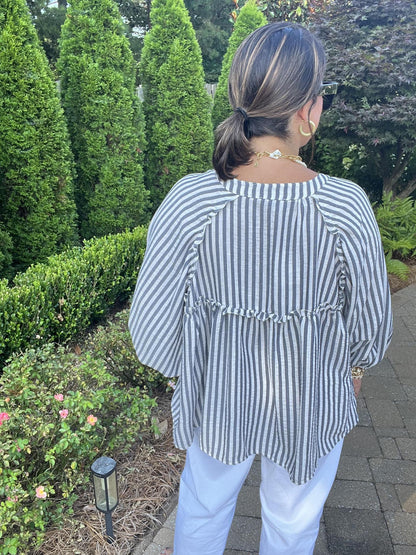 One Size Striped Boho Top-Black