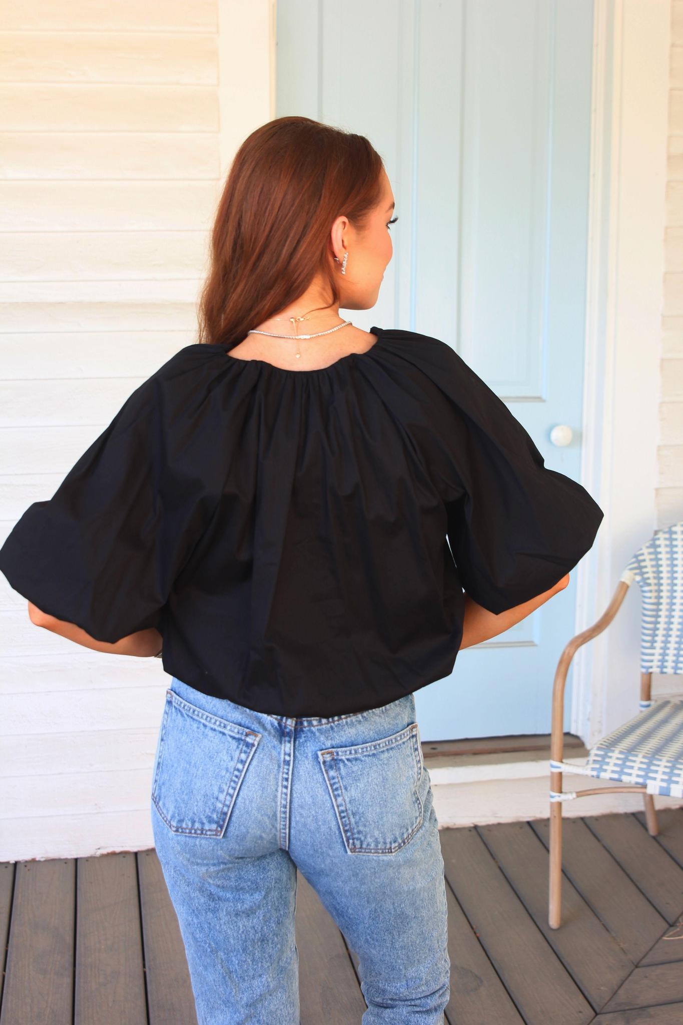 Poplin Bubble Tie Top- Black