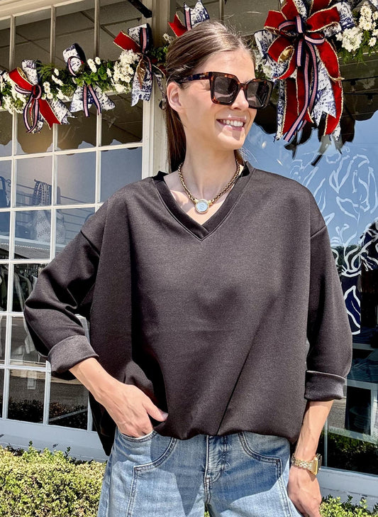 V-Neck Bubble Sweatshirt-Black