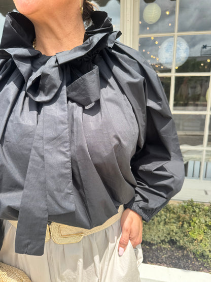 Ruffle Tie Blouse- One Size Black
