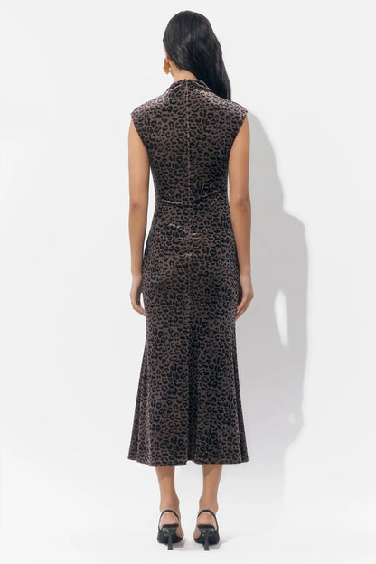 Mock Neck Midi Dress- Leopard