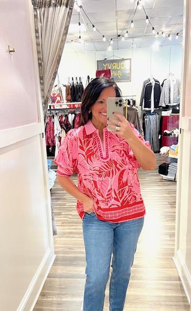 Pink/Red Print collar Top