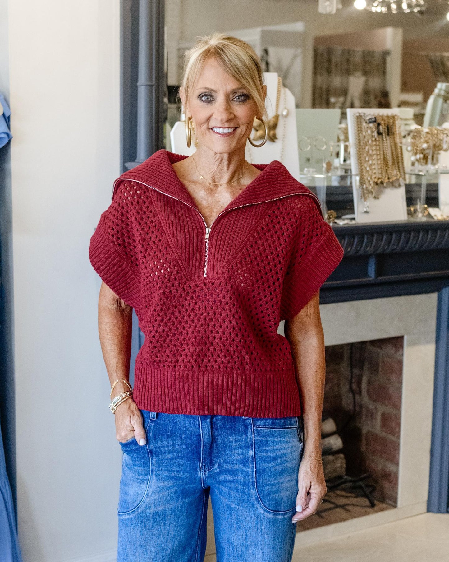 Half Zip Sweater Top- Red