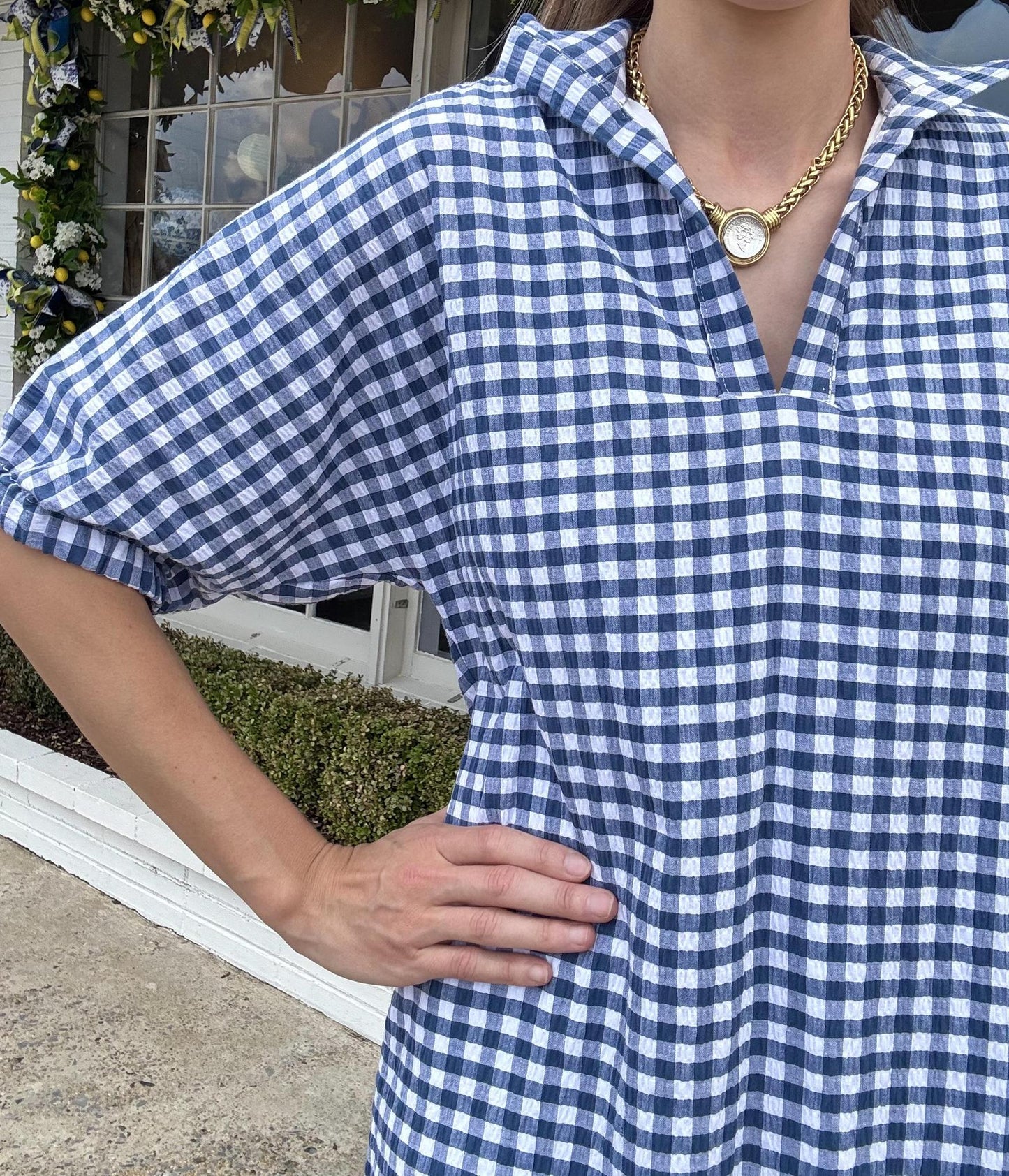 Navy Seersucker Gingham Dress