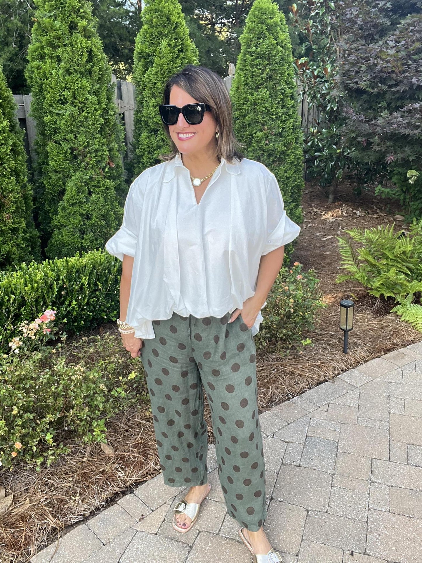 One Size Polka Dot Linen Pant-Green