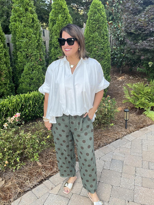 One Size Polka Dot Linen Pant-Green
