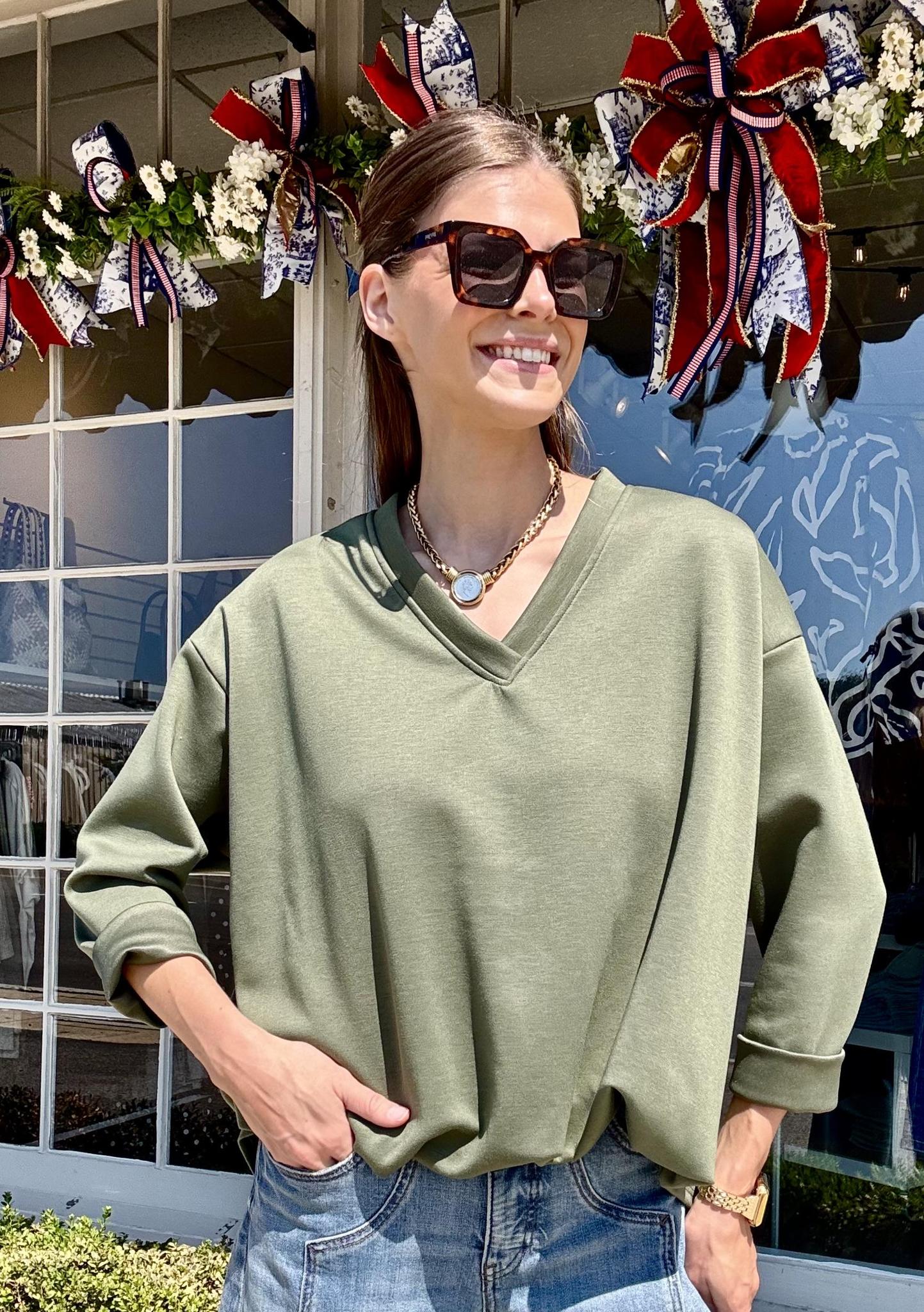 V-Neck Bubble Sweatshirt- Moss