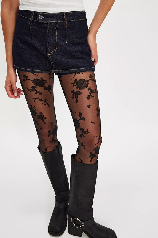 Free People Flocked Floral Tight- Black Combo