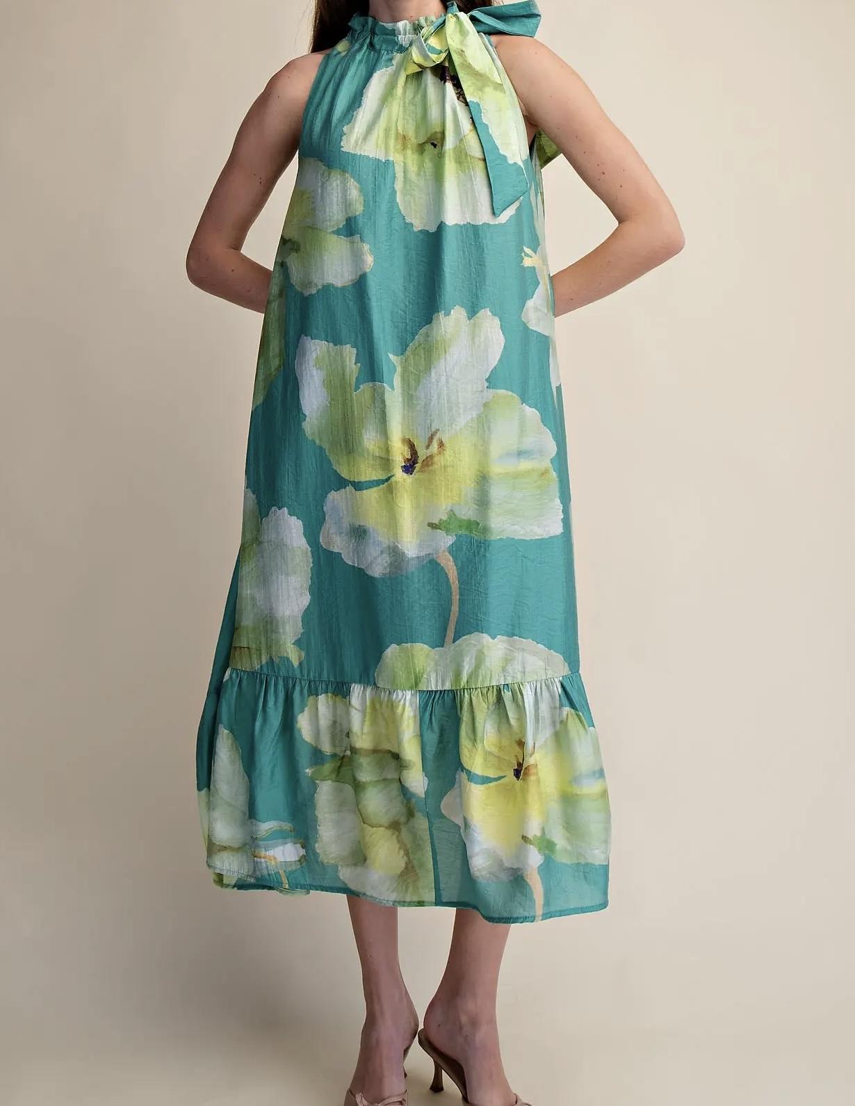 Ruffle Neck Floral Midi Dress