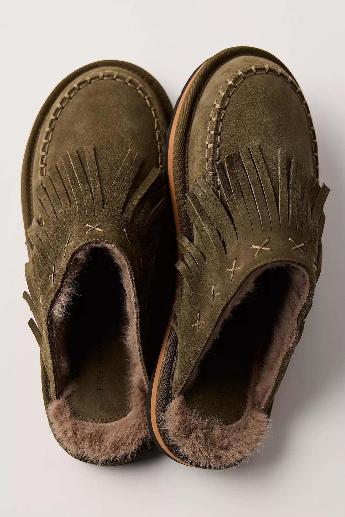 Free People Fallon Fringe Mule- Olive Suede