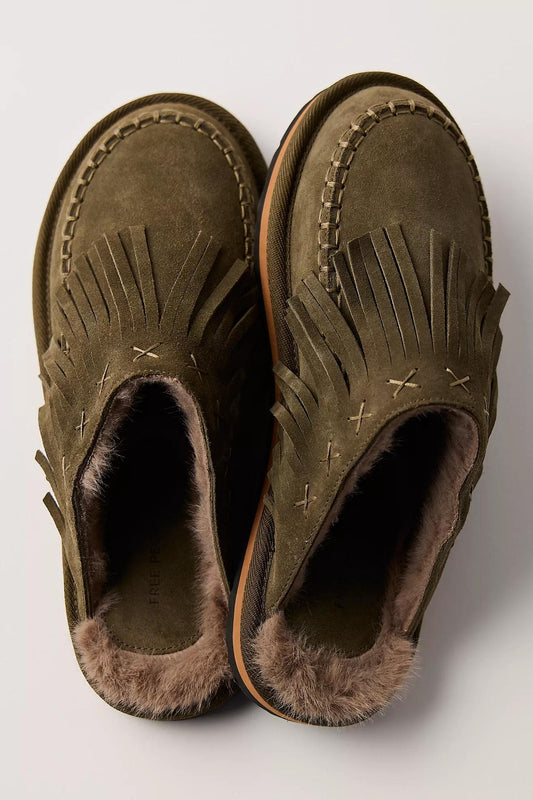Free People Fallon Fringe Mule- Olive Suede