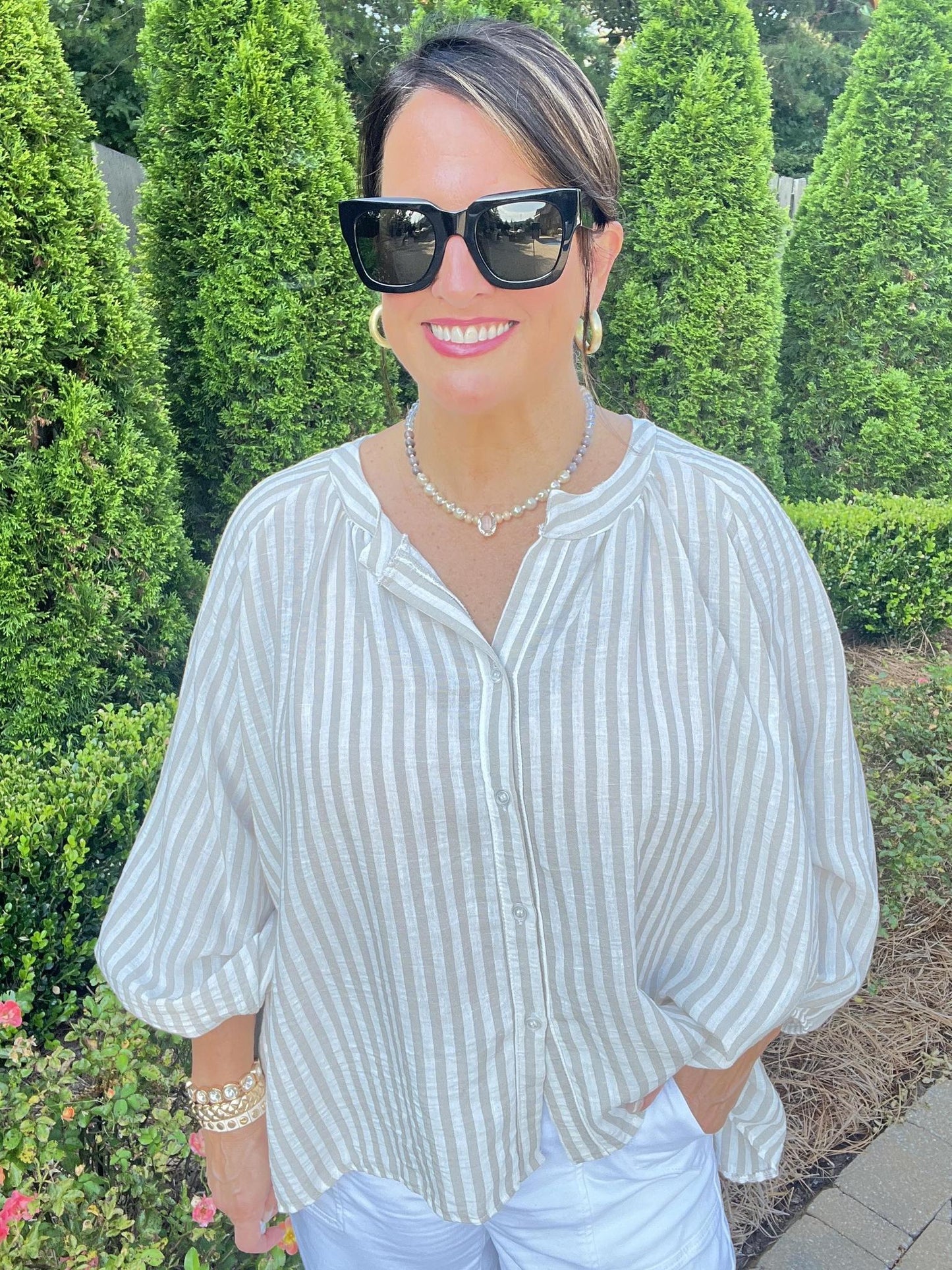 One Size Striped Boho Top-Tan
