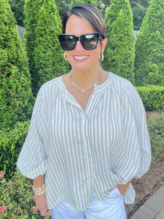One Size Striped Boho Top-Tan