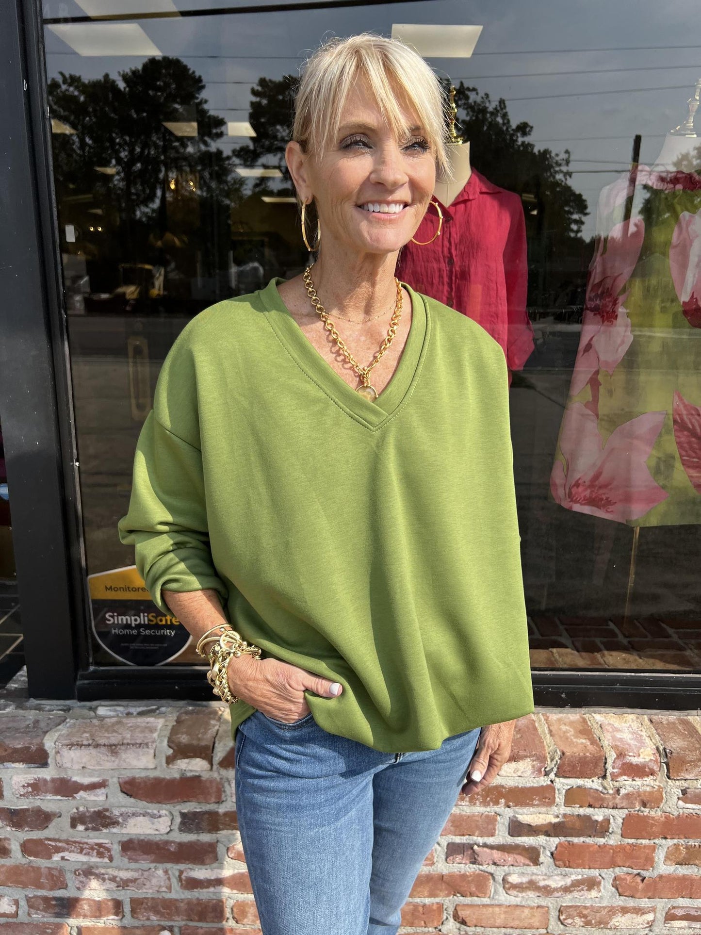 V-Neck Bubble Sweatshirt-Chartreuse