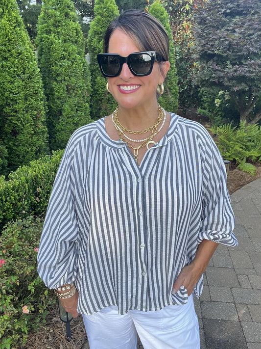 One Size Striped Boho Top-Black